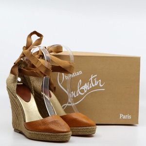 NWT CHRISTIAN LOUBOUTIN Vivi 120 Espadrilles In Tan Leather Wedges, Size 37
